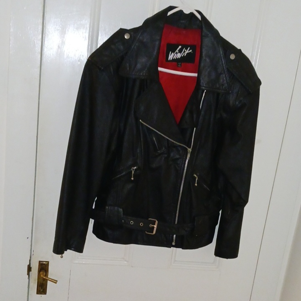 Black Calf Leather Biker Jacket with Belt
